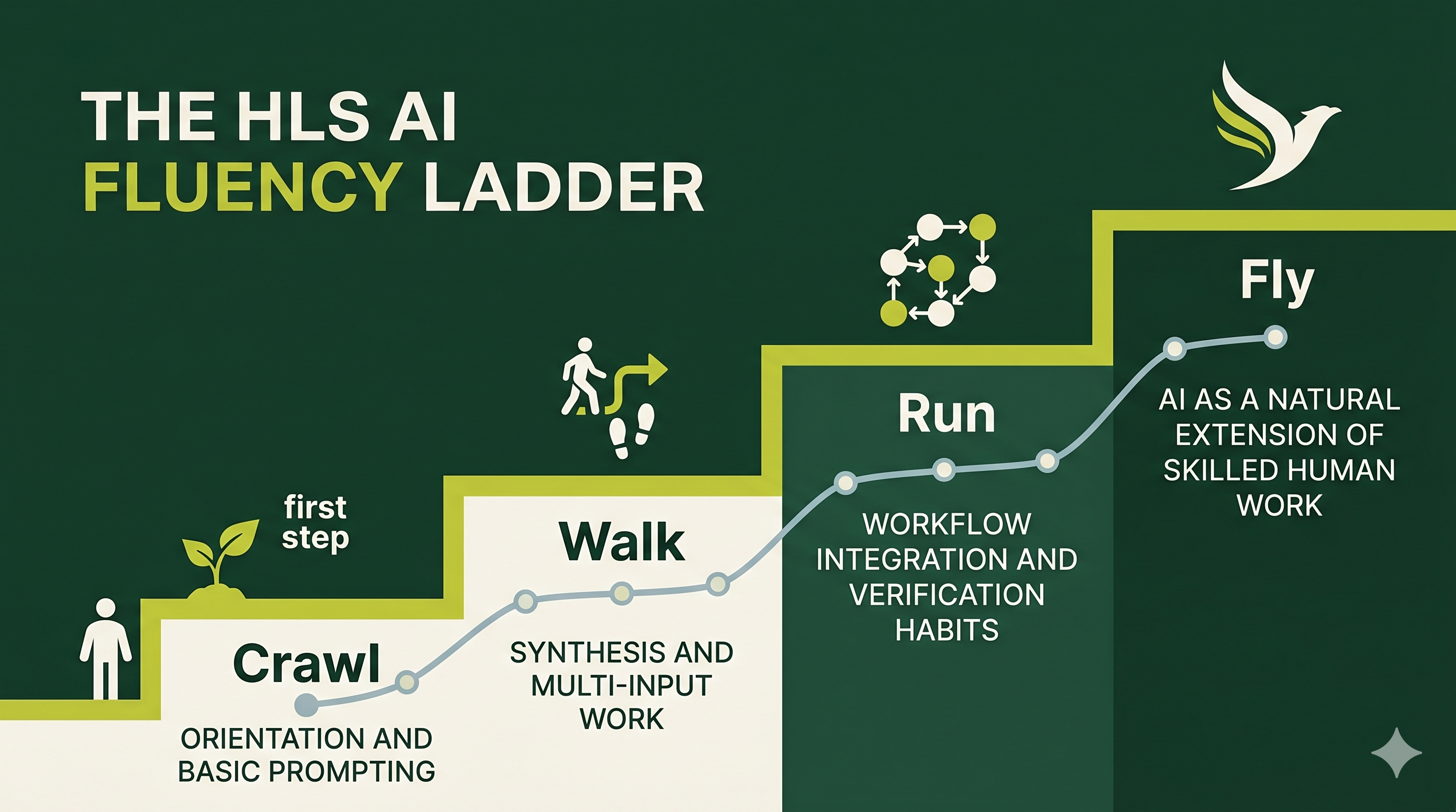 The Crawl / Walk / Run / Fly AI fluency progression framework: four stages from learning the tool to building compounding systems