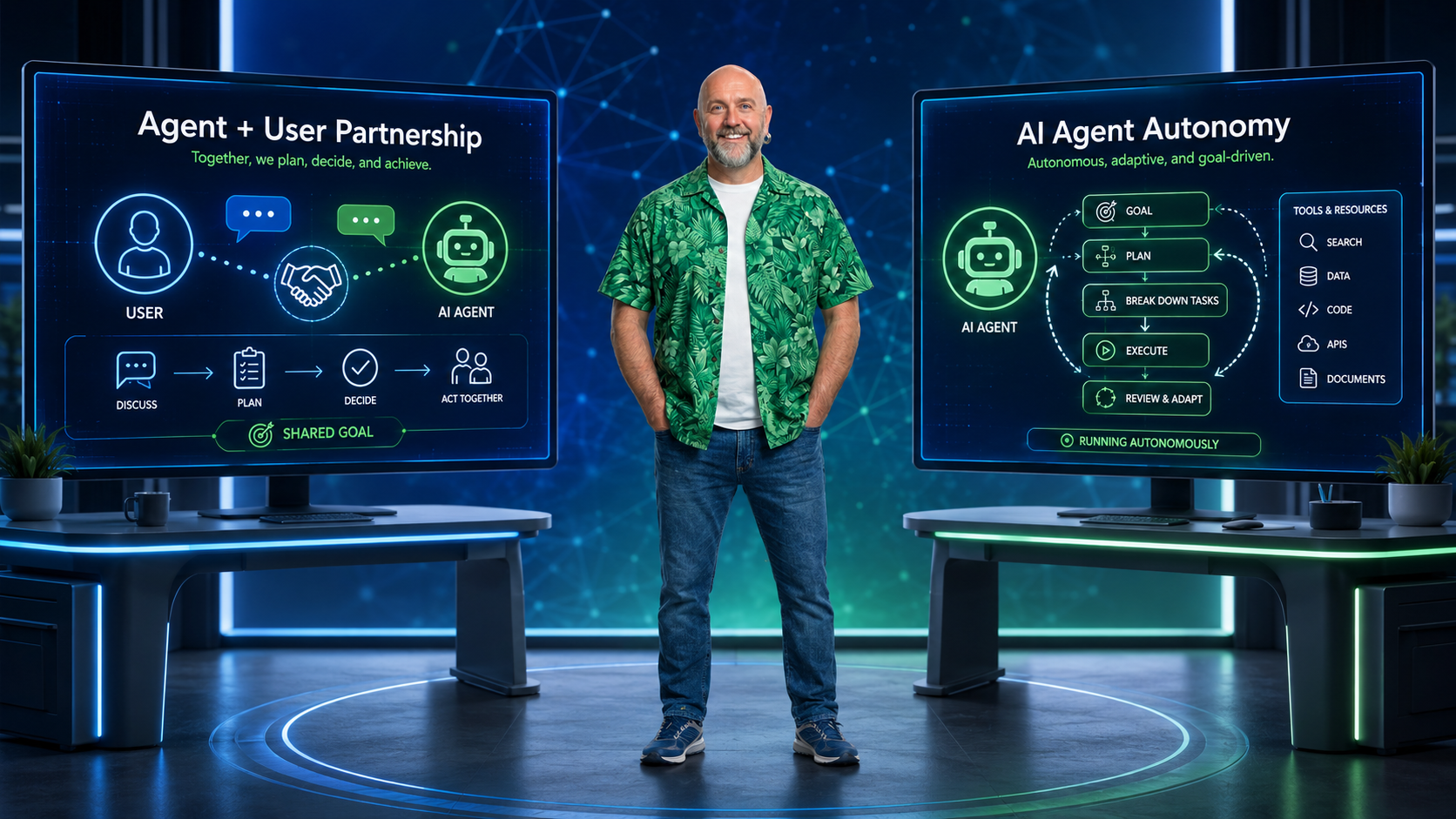Josh standing between two displays that compare human-AI partnership with autonomous AI agent workflows.