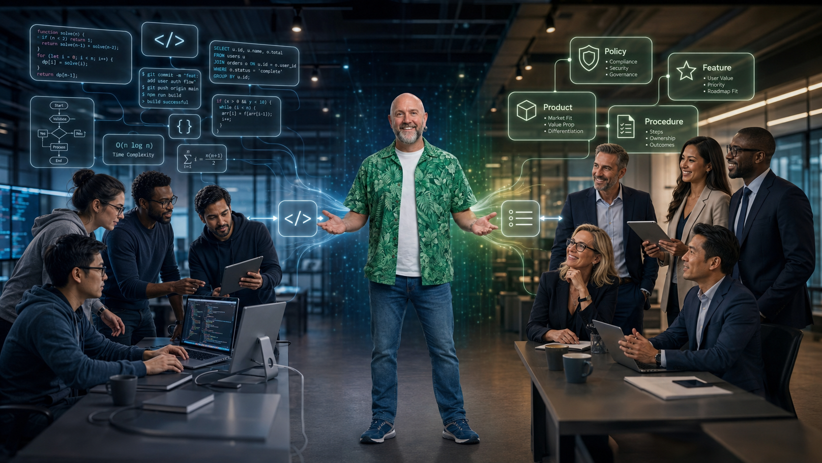 Josh standing between engineers and business stakeholders, translating code and technical complexity into policy, product, feature, and procedure language.