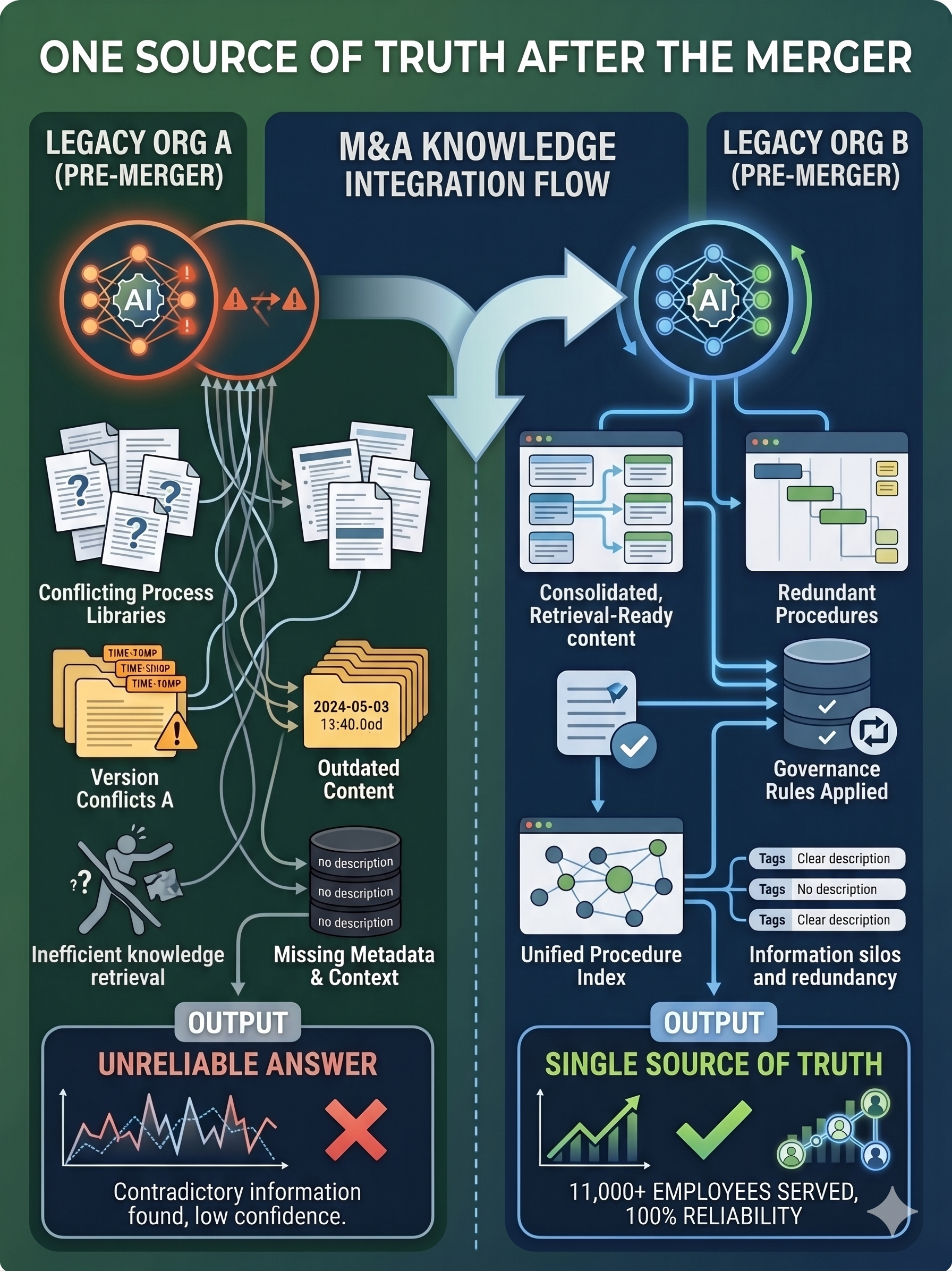 Infographic showing two legacy knowledge ecosystems merging into one governed source of truth after an organizational merger.