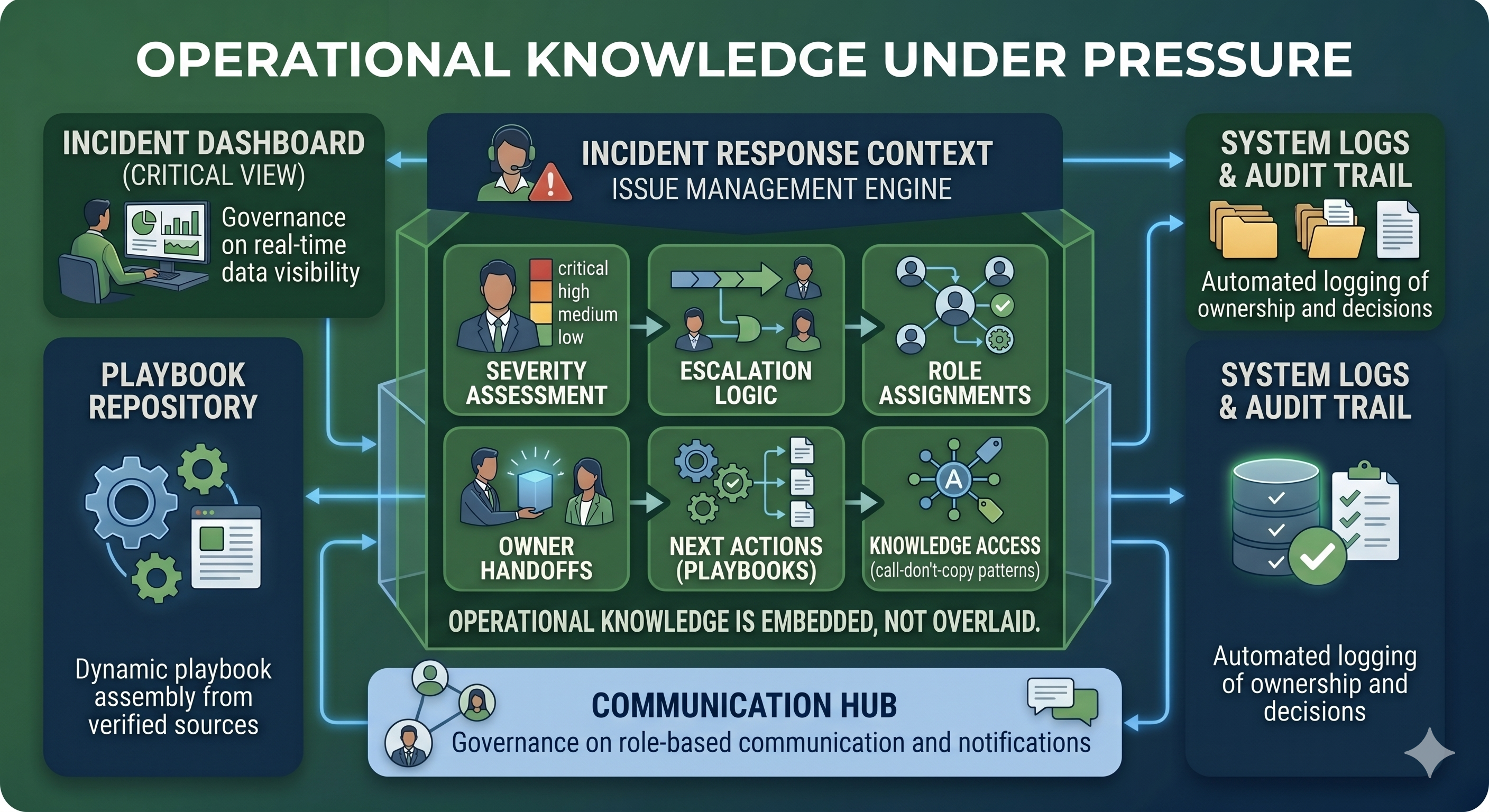 Enterprise operations visual showing severity levels, escalation paths, role assignments, handoffs, and next actions for work under pressure.