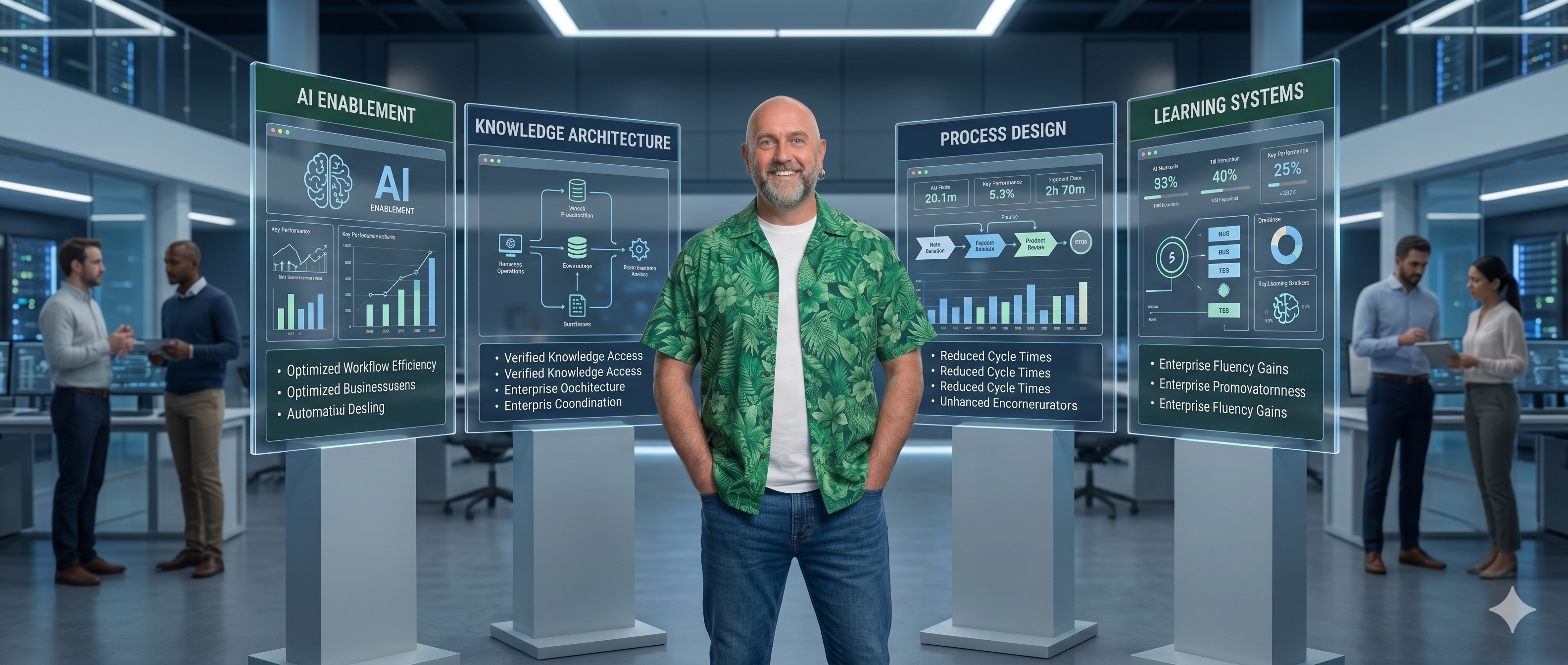 Portfolio hero image showing Josh surrounded by enterprise outcome panels representing AI enablement, knowledge architecture, process design, and learning systems.